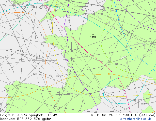 Height 500 hPa Spaghetti ECMWF Do 16.05.2024 00 UTC