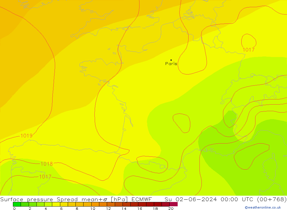 Presión superficial Spread ECMWF dom 02.06.2024 00 UTC