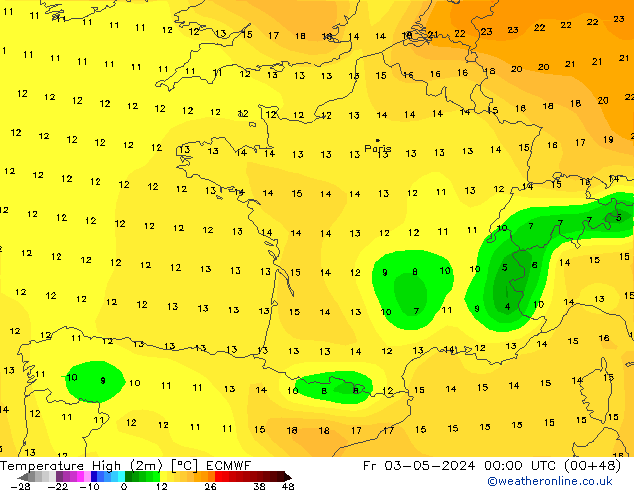 Temperature High (2m) ECMWF Fr 03.05.2024 00 UTC