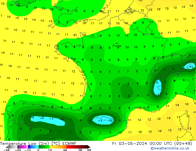 Temperature Low (2m) ECMWF Fr 03.05.2024 00 UTC