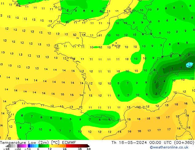 Nejnižší teplota (2m) ECMWF Čt 16.05.2024 00 UTC