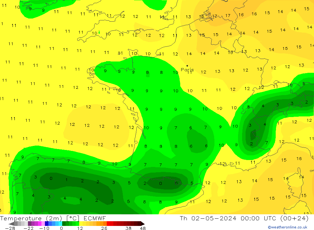 Temperatuurkaart (2m) ECMWF do 02.05.2024 00 UTC