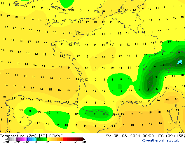 Temperatuurkaart (2m) ECMWF wo 08.05.2024 00 UTC