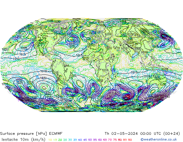 Isotachs (kph) ECMWF чт 02.05.2024 00 UTC