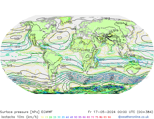 Isotachs (kph) ECMWF Pá 17.05.2024 00 UTC