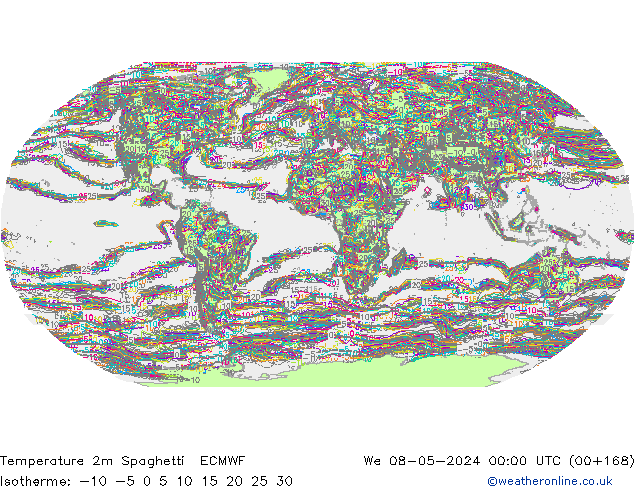 Temperatura 2m Spaghetti ECMWF mié 08.05.2024 00 UTC