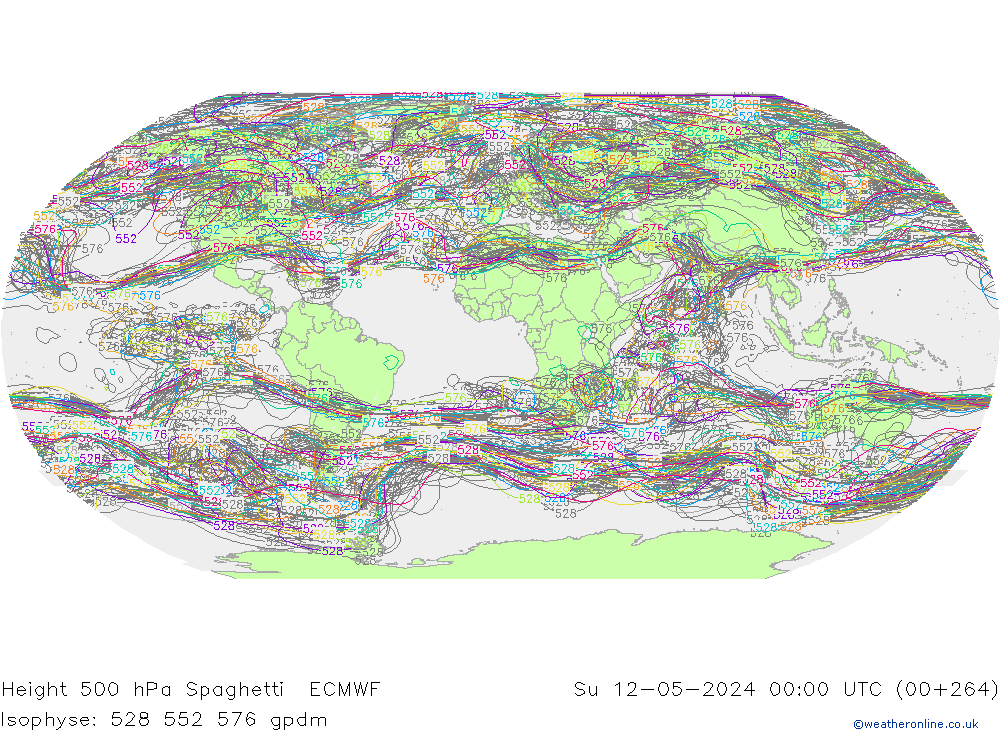 Height 500 hPa Spaghetti ECMWF Dom 12.05.2024 00 UTC
