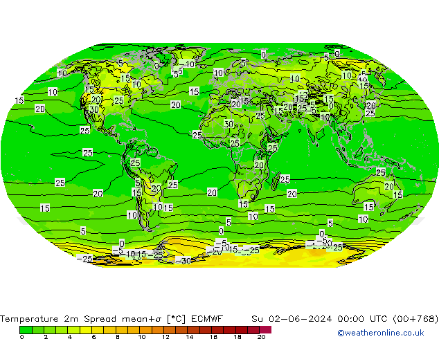 Temperatura 2m Spread ECMWF dom 02.06.2024 00 UTC
