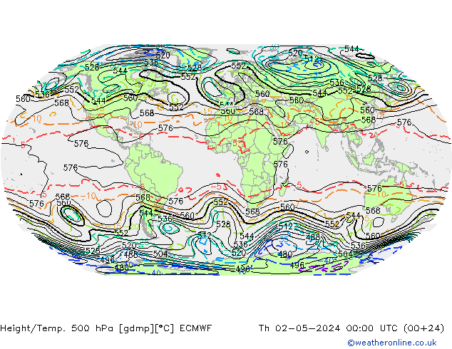 Height/Temp. 500 hPa ECMWF Qui 02.05.2024 00 UTC