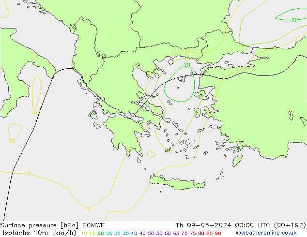 Isotachs (kph) ECMWF Čt 09.05.2024 00 UTC