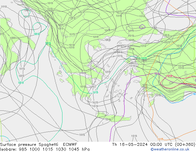 Atmosférický tlak Spaghetti ECMWF Čt 16.05.2024 00 UTC