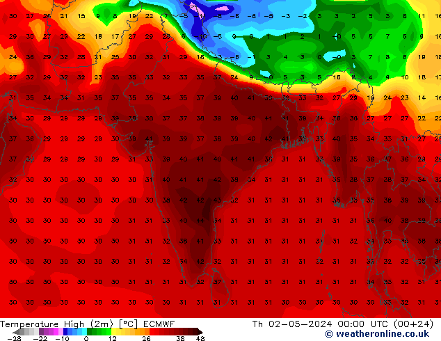 température 2m max ECMWF jeu 02.05.2024 00 UTC