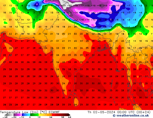 Min.temperatuur (2m) ECMWF do 02.05.2024 00 UTC