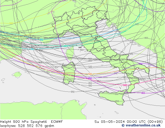 Height 500 гПа Spaghetti ECMWF Вс 05.05.2024 00 UTC