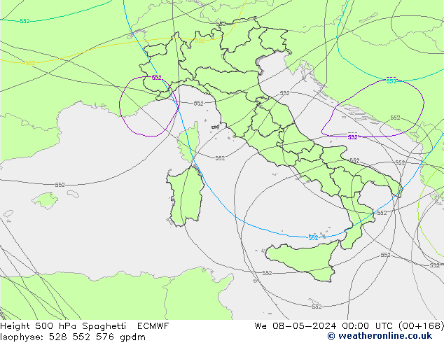 Height 500 hPa Spaghetti ECMWF mer 08.05.2024 00 UTC