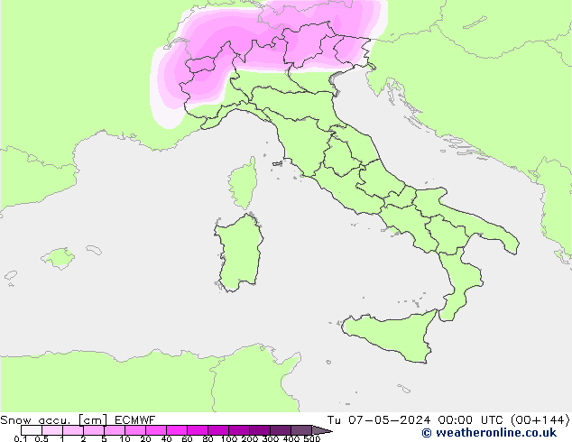 Snow accu. ECMWF wto. 07.05.2024 00 UTC