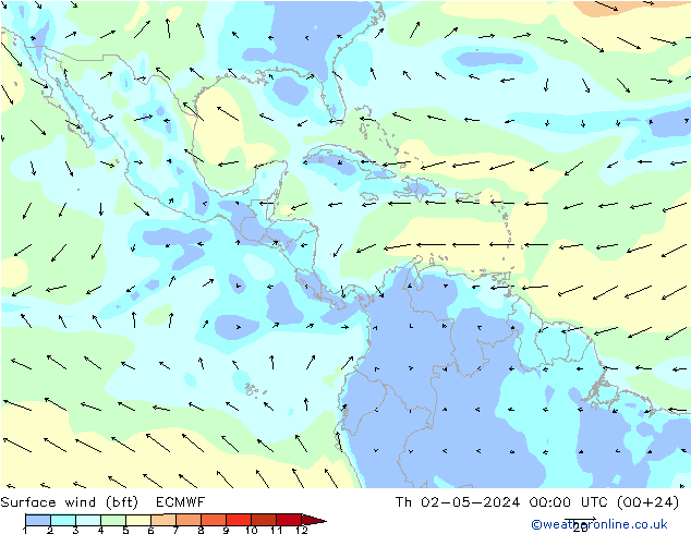 Surface wind (bft) ECMWF Čt 02.05.2024 00 UTC
