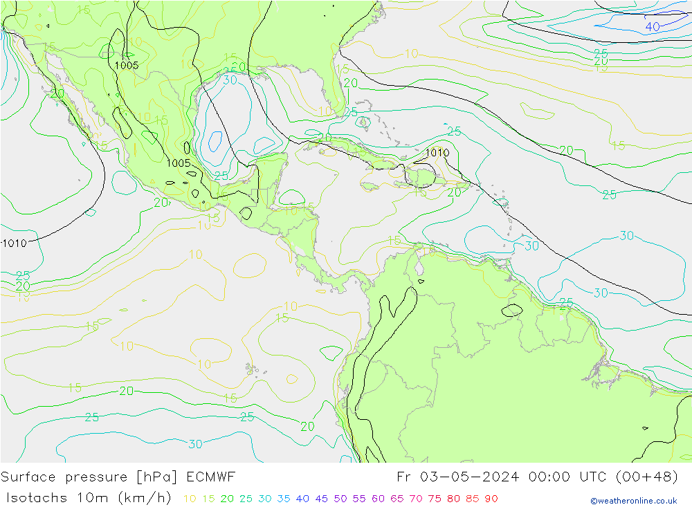 Isotachs (kph) ECMWF  03.05.2024 00 UTC