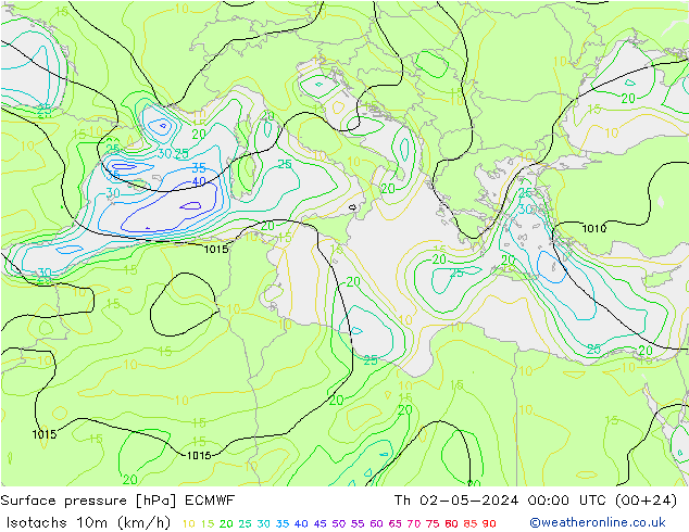 Isotachen (km/h) ECMWF do 02.05.2024 00 UTC