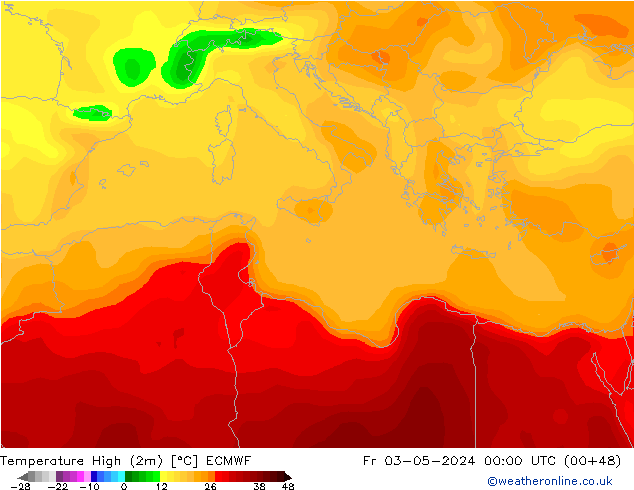 Max.temperatuur (2m) ECMWF vr 03.05.2024 00 UTC