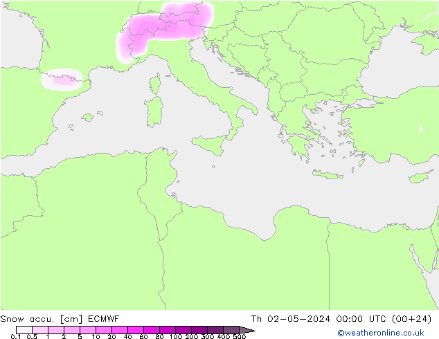 Snow accu. ECMWF gio 02.05.2024 00 UTC