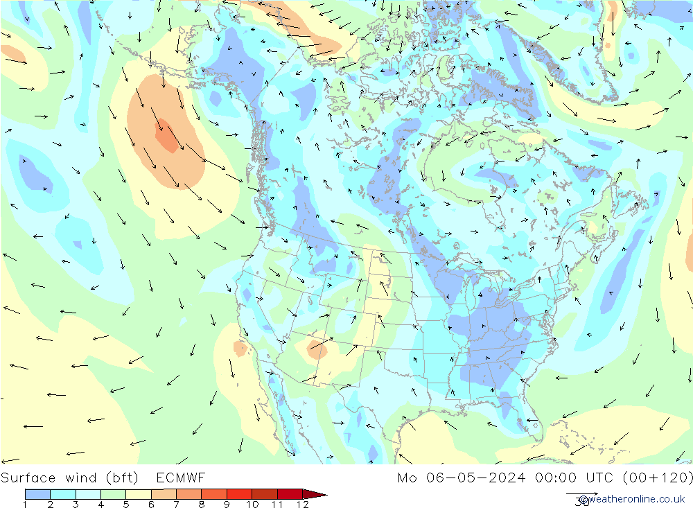 Surface wind (bft) ECMWF Mo 06.05.2024 00 UTC