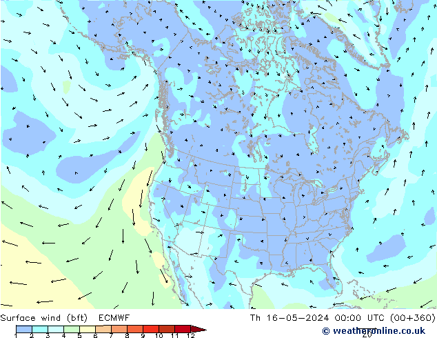 Vento 10 m (bft) ECMWF Qui 16.05.2024 00 UTC