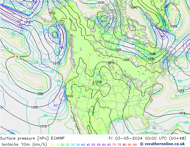 Isotachs (kph) ECMWF пт 03.05.2024 00 UTC