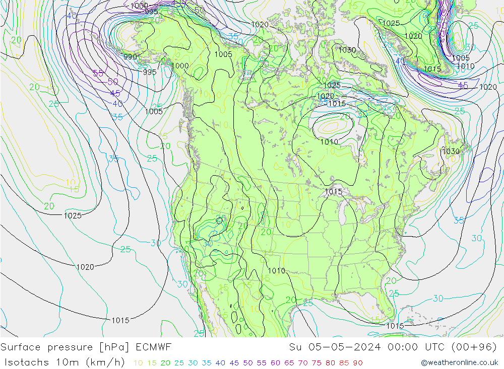 Isotachs (kph) ECMWF dim 05.05.2024 00 UTC