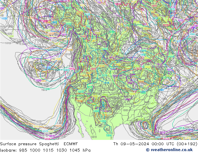 Atmosférický tlak Spaghetti ECMWF Čt 09.05.2024 00 UTC