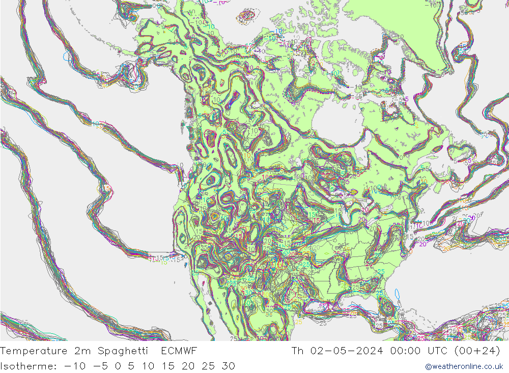 Temperatuurkaart Spaghetti ECMWF do 02.05.2024 00 UTC