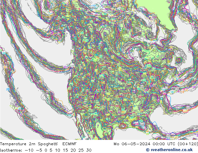 Temperatura 2m Spaghetti ECMWF lun 06.05.2024 00 UTC