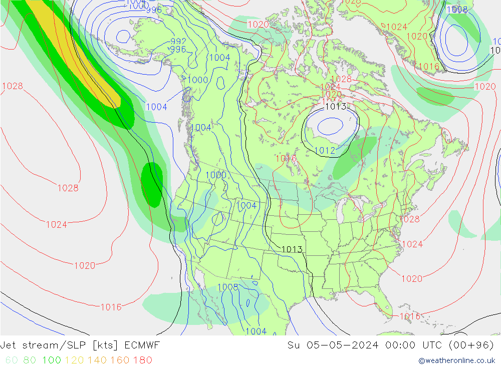 Straalstroom/SLP ECMWF zo 05.05.2024 00 UTC