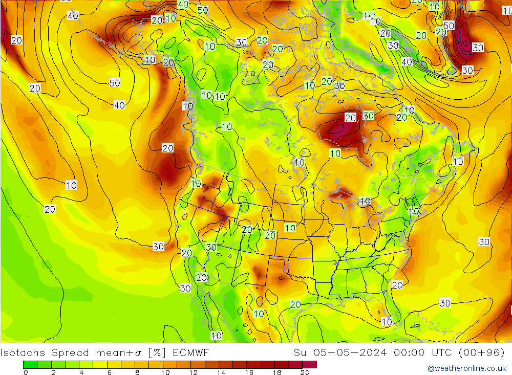 Izotacha Spread ECMWF nie. 05.05.2024 00 UTC