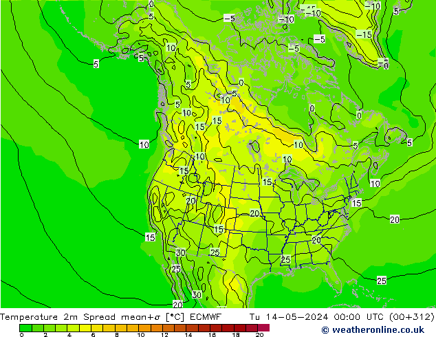 Temperature 2m Spread ECMWF Tu 14.05.2024 00 UTC