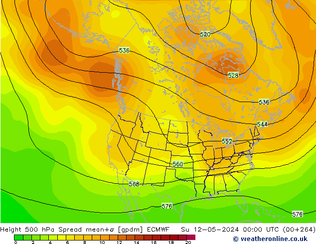 Height 500 гПа Spread ECMWF Вс 12.05.2024 00 UTC