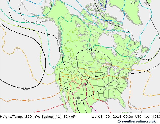 Height/Temp. 850 hPa ECMWF Mi 08.05.2024 00 UTC