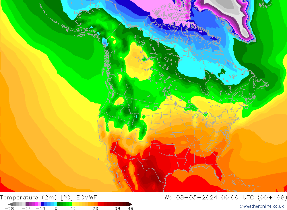 mapa temperatury (2m) ECMWF śro. 08.05.2024 00 UTC