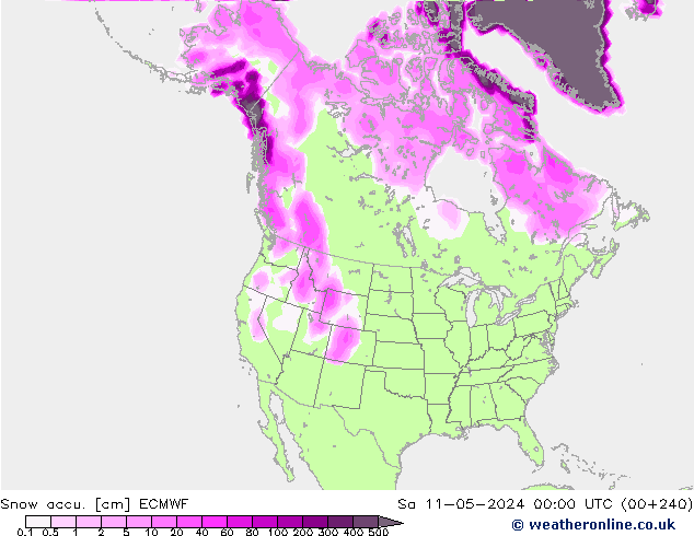 Глубина снега ECMWF сб 11.05.2024 00 UTC