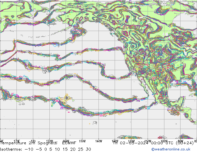 Temperature 2m Spaghetti ECMWF Čt 02.05.2024 00 UTC