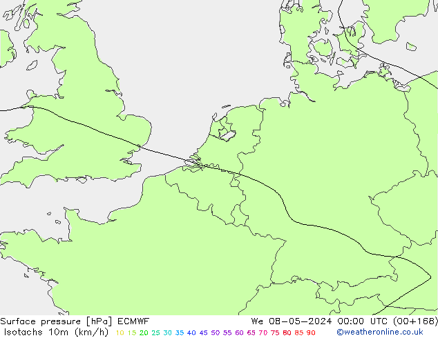 Izotacha (km/godz) ECMWF śro. 08.05.2024 00 UTC
