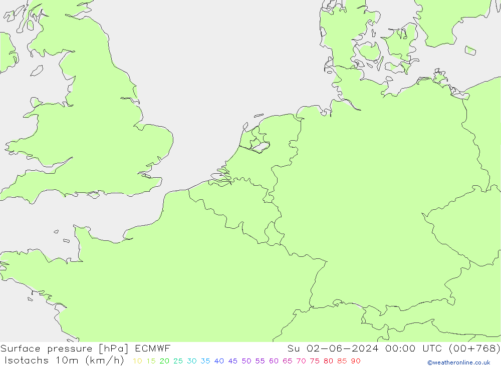 Isotachen (km/h) ECMWF So 02.06.2024 00 UTC