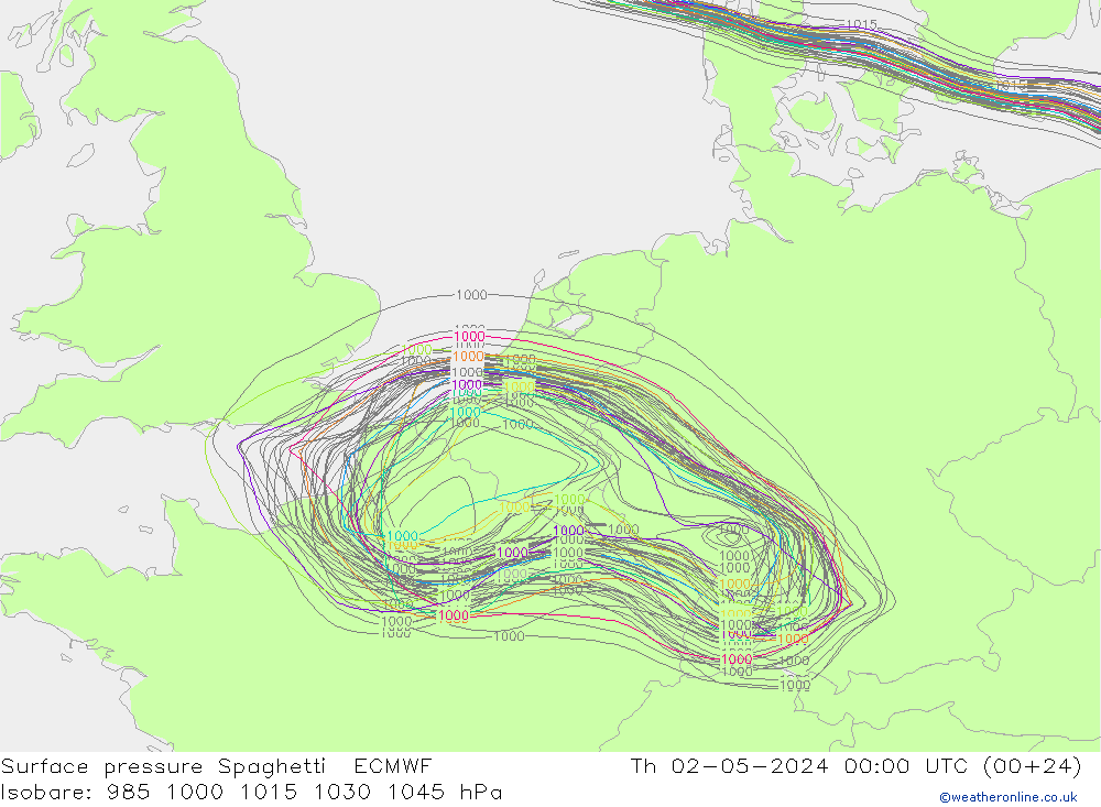 地面气压 Spaghetti ECMWF 星期四 02.05.2024 00 UTC