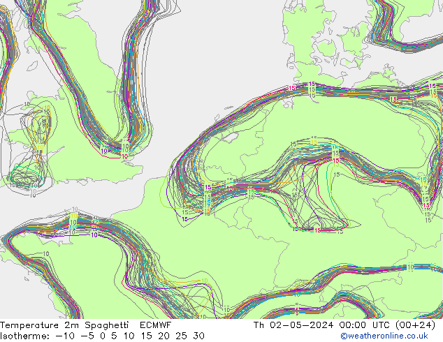 Temperatura 2m Spaghetti ECMWF Qui 02.05.2024 00 UTC