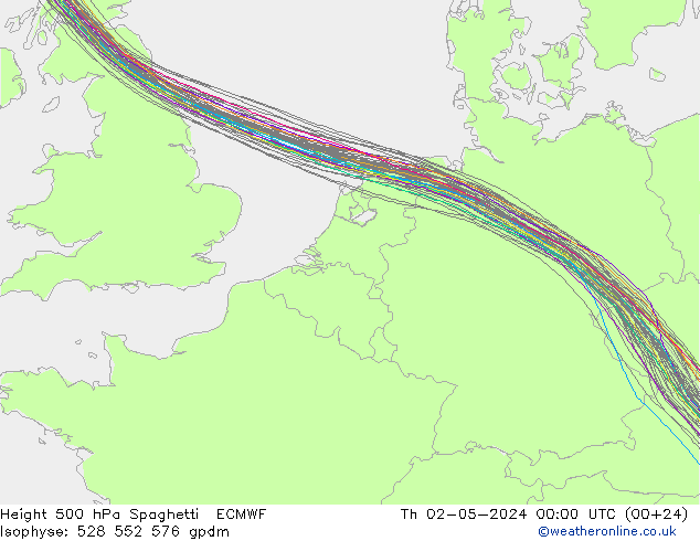 Height 500 hPa Spaghetti ECMWF gio 02.05.2024 00 UTC