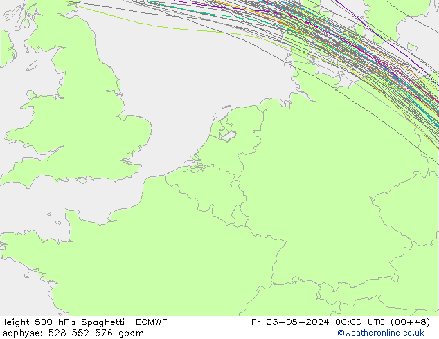 Height 500 hPa Spaghetti ECMWF Pá 03.05.2024 00 UTC