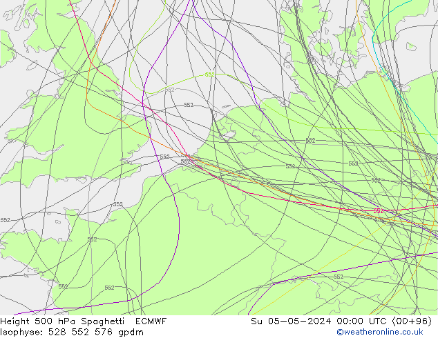 Height 500 hPa Spaghetti ECMWF Ne 05.05.2024 00 UTC