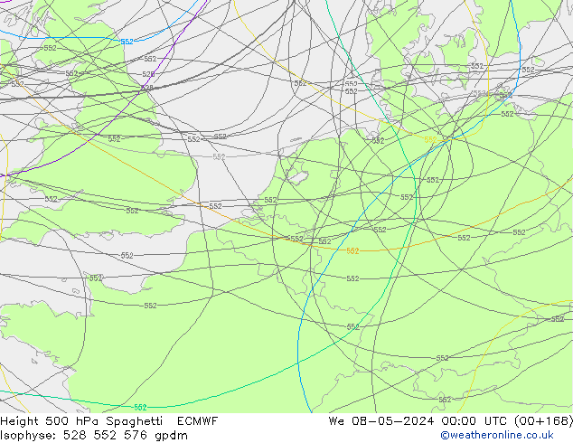 Height 500 hPa Spaghetti ECMWF We 08.05.2024 00 UTC