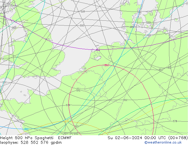 Hoogte 500 hPa Spaghetti ECMWF zo 02.06.2024 00 UTC