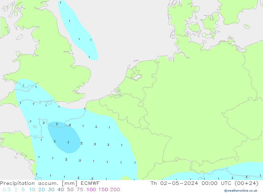 Precipitation accum. ECMWF 星期四 02.05.2024 00 UTC